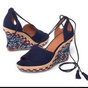 Cabi Isla Espadrilles Wedge Sandals Blue Suede Ankle Wrap Geometric Raffia NWOT